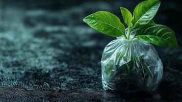 A plastic bag with a plant growing out of it photo