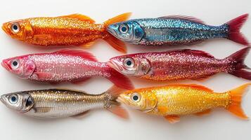 A group of six different colored fish on a white surface photo