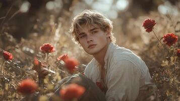 A young man sitting in a field of red flowers photo