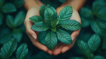 Human Hands Nurturing Green Plant Symbolizing Nature Conservation photo