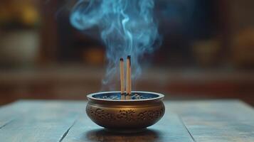 An incense stick is sitting in a bowl with smoke coming out of it photo