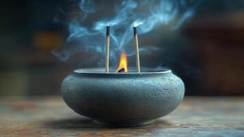 A small bowl with incense sticks burning photo