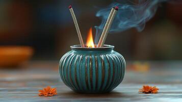 A blue vase with two incense sticks in it photo