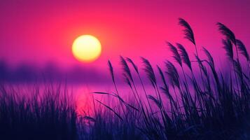 A sunset over a lake with tall grass photo