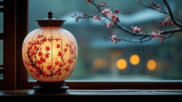 small Chinese-style table lamp, decorated with plum blossoms photo