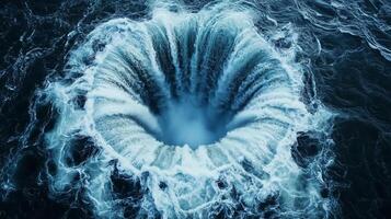 Aerial view of large water turbine creating powerful vortex photo
