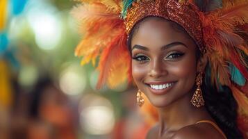 A beautiful woman with bright feathers on her head photo
