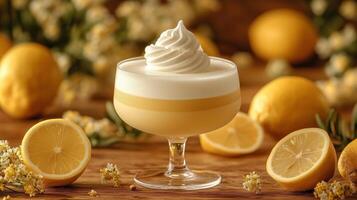 A glass of lemonade with whipped cream and lemons photo