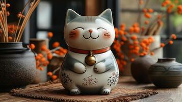 A ceramic cat statue sitting on a table with vases photo