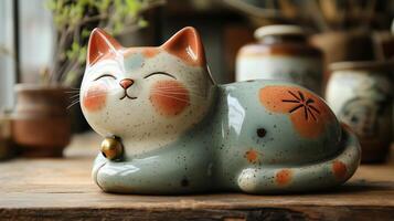 A ceramic cat statue sitting on a wooden table photo