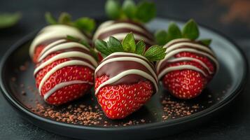 Chocolate covered strawberries on a black plate photo