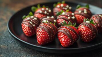 Chocolate covered strawberries on a black plate photo
