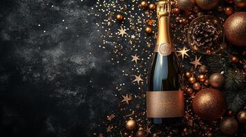 A bottle of champagne and christmas decorations on a dark background. photo