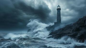 A lighthouse is surrounded by stormy waves photo