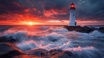 A lighthouse is seen in the sunset with waves crashing into it photo