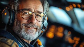 A man with glasses and a beard is sitting in an airplane photo