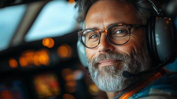 A man with glasses and a beard in an airplane photo