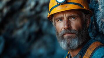 A man with a beard and a hard hat in a mine photo