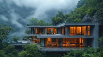 A modern house in the mountains with fog photo
