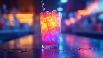 A colorful drink with neon lights on the table photo