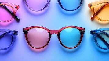 Stylish eyeglasses over pastel background. Optical store photo