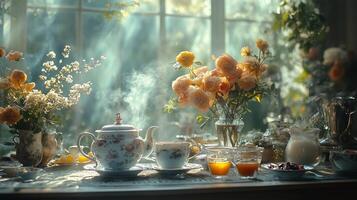 A table with a vase of flowers and a teapot photo