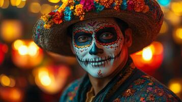 A man with a colorful hat and sugar skull makeup photo