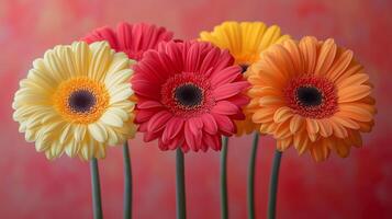 Four gerbera daisies are arranged in a vase photo