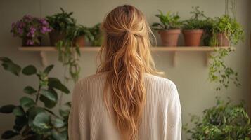 A woman with long hair standing in front of a wall of plants photo