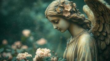 An angel statue with flowers in the background photo
