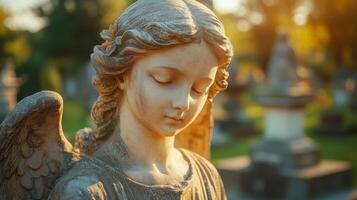An angel statue is standing in front of a cemetery photo