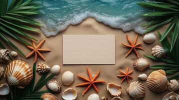 Shells and sea plants on the beach with a blank card photo