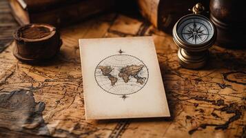 Blank card mock-up on vintage map background photo