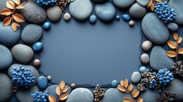 Blank card mockup on smooth stones background, flat lay, spa, serenity photo