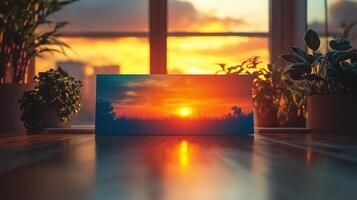 Blue-orange gradient card mockup on wooden table photo