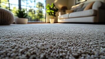 A close up of a carpeted room with a couch and a window photo