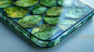 A close up of a phone with green leaves on it photo