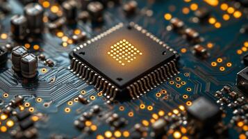 A close up of a computer chip on a circuit board. photo