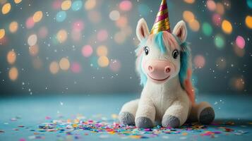 A stuffed unicorn with a blue mane sitting in front of confetti photo