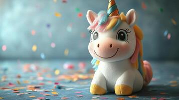 A toy unicorn is sitting on the ground with confetti photo
