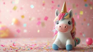 Cute unicorn with party hat and confetti on pink background. photo