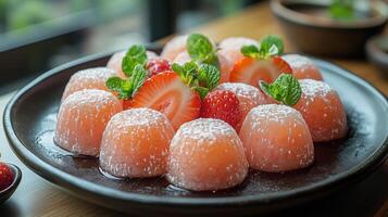 Delicious strawberry mochi, showcasing fresh strawberries photo