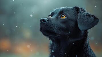 Black dog looking up at the sky in the rain photo