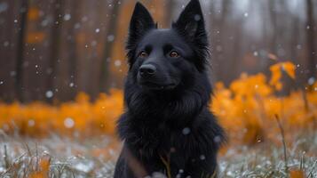 A black dog sitting in the snow photo