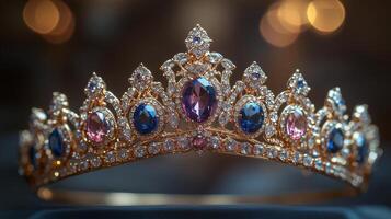 A crown with blue, pink and purple stones photo