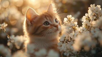 Kitten gazing at the sunlight through delicate white flowers photo