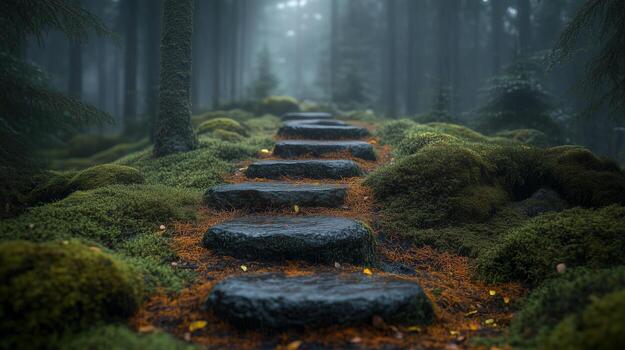 Moss-covered stone pathway in a misty forest photo