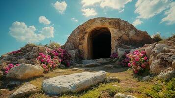 A cave with flowers and rocks in front of it photo