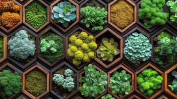 A variety of succulents are arranged in hexagonal boxes photo