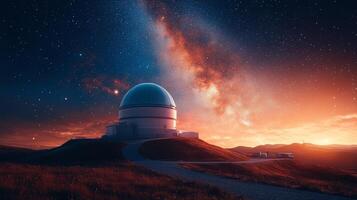 Astronomical telescope in the mountains at night with milky way in the background photo